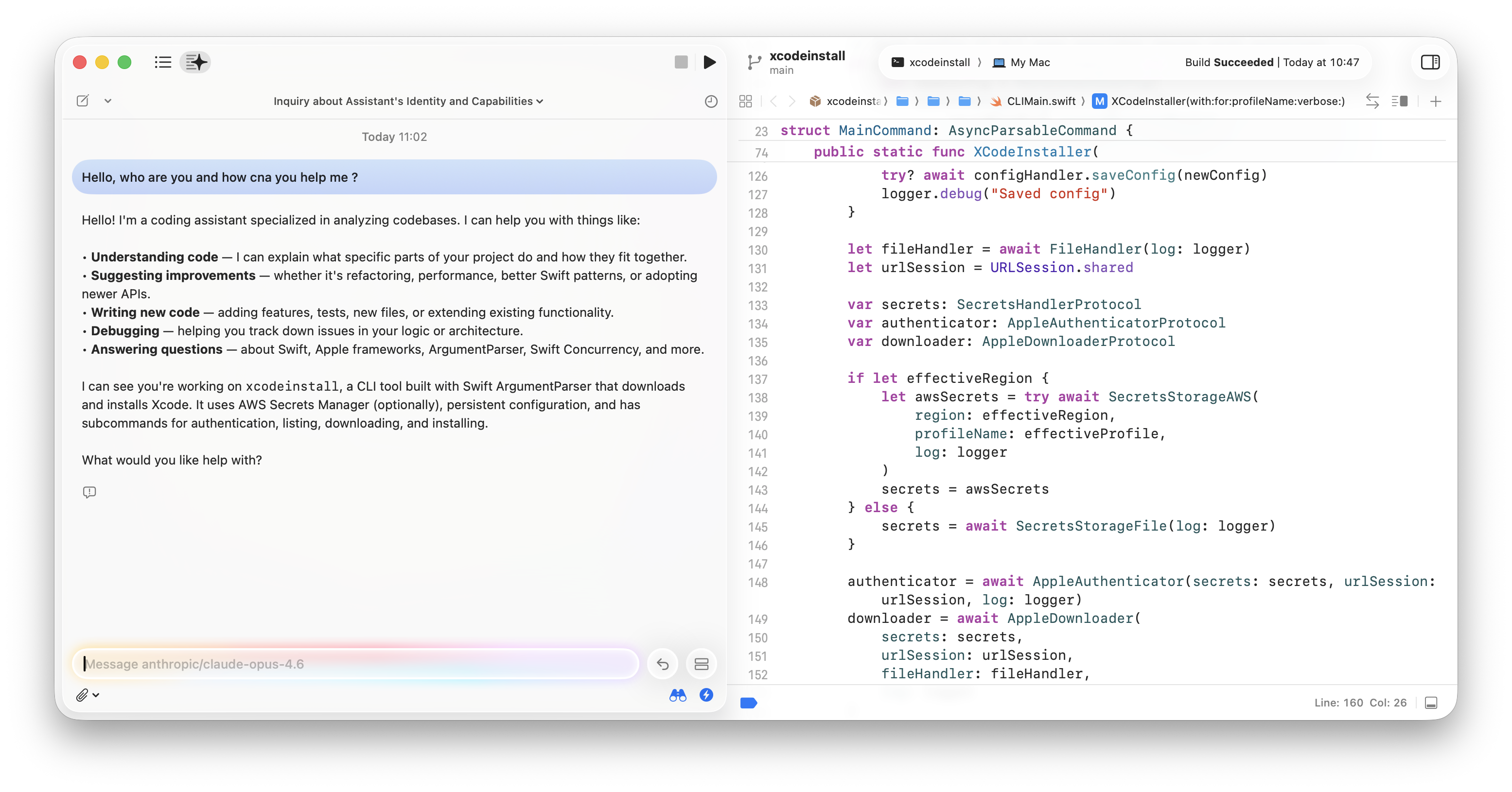 A chats ession with Claude Opus inside Xcode